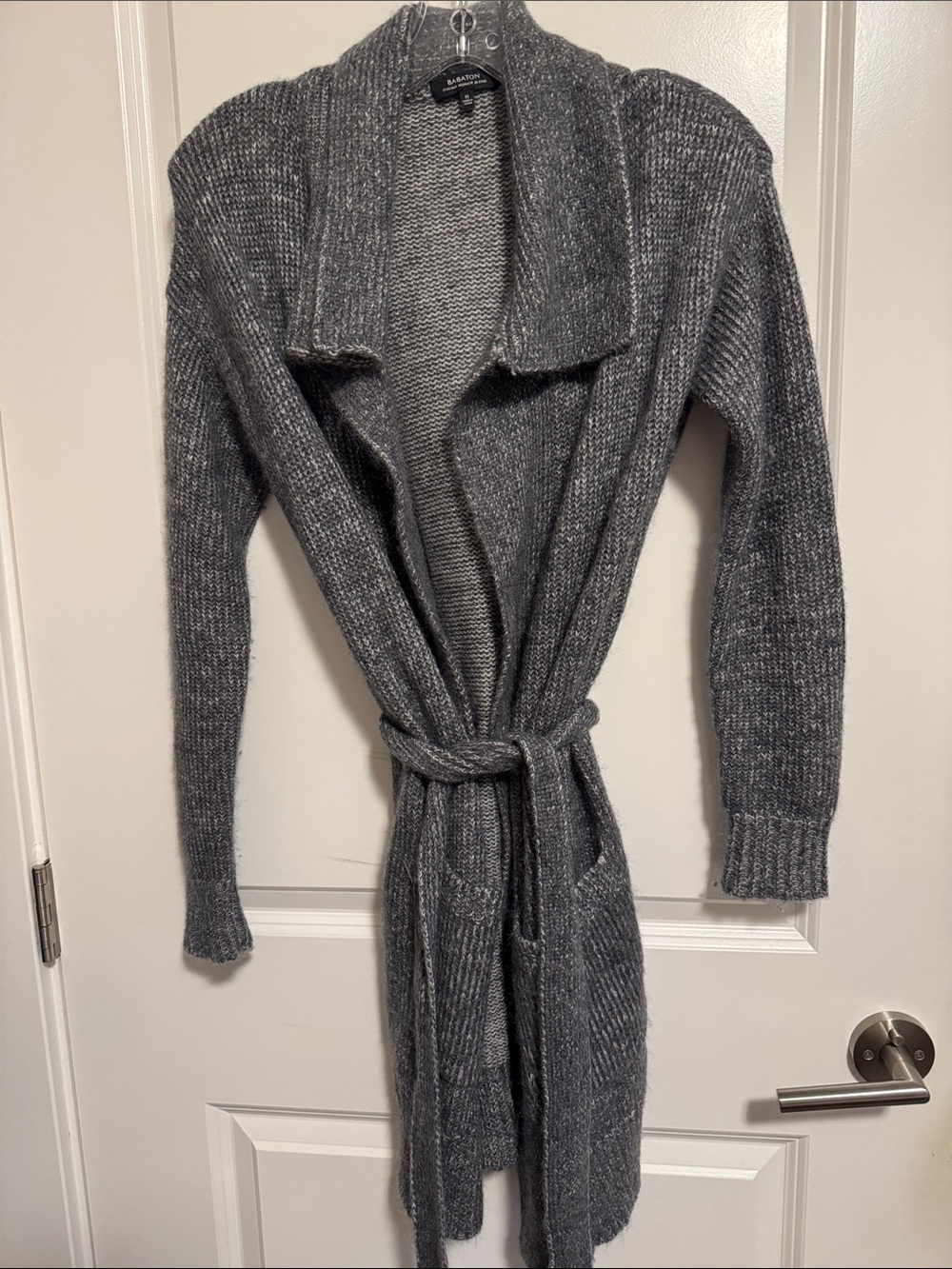 Babaton Gray Ribbed Shawl-Collar Belted Cardigan
